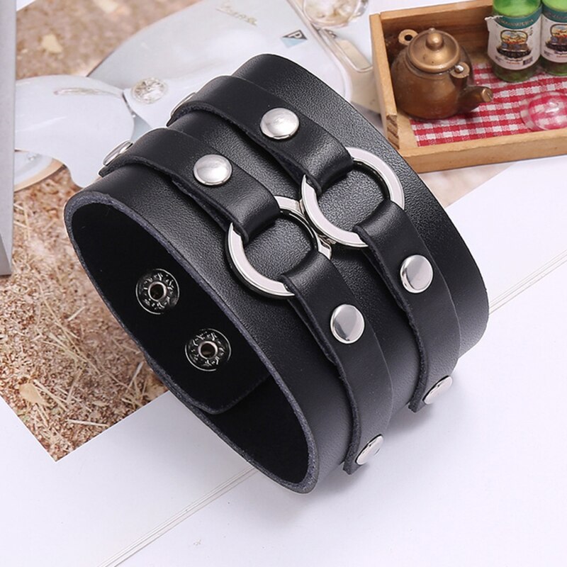 Double Belt Leather Wrist Friendship Big Wide Bracelet For Men Circle Buckle Vintage Punk Bangles Mens Jewelry