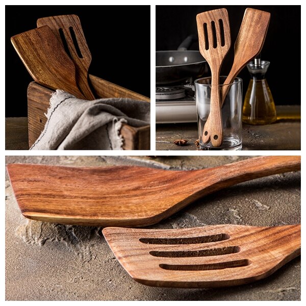 Teak Wood Turner Long Handle Spatula Kitchen Turner Non Stick Cooking Utensils Wooden Spatula Slotted Turner Set Wooden Utensils