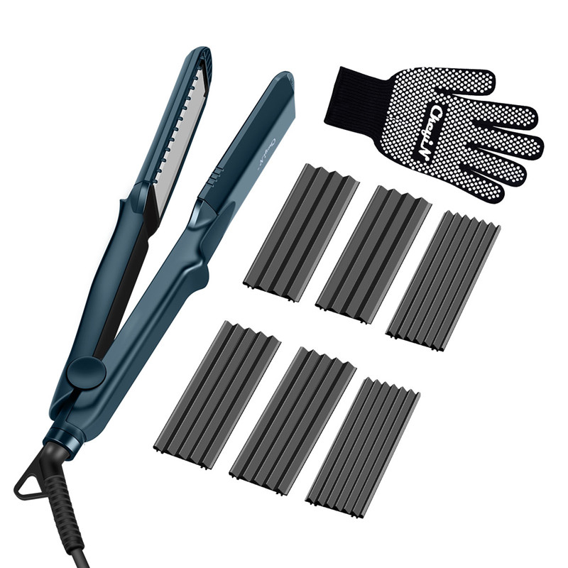 CkeyiN 4 in 1 Hair Straightener Flat Iron Plates Curling Iron Straightening Brush Crimper Styling Tool Hair Curler: Blue