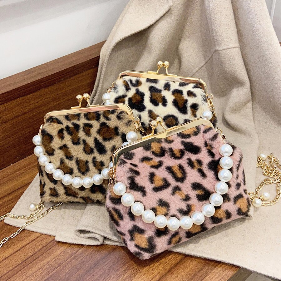 Moda de pelúcia leopardo sacos de ombro corrente pequenos sacos crossbody para mulheres bolsas de inverno pérola design tote bolsas de mão feminina 2020