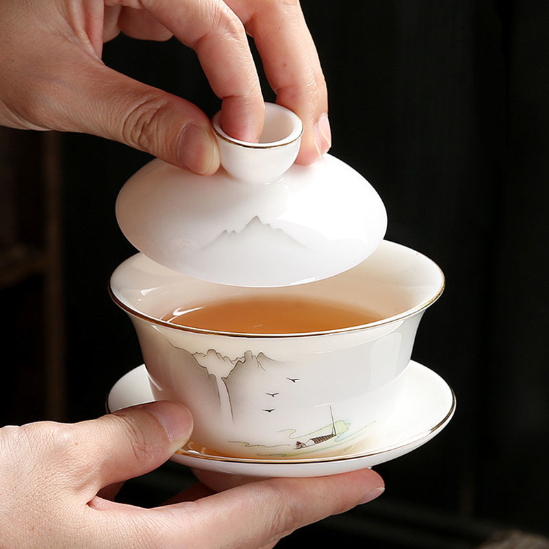 Bol couvert en Jade gras de mouton, porcelaine blanche de couleur surémaillée, Kung Fu, service à thé, service à thé en céramique,