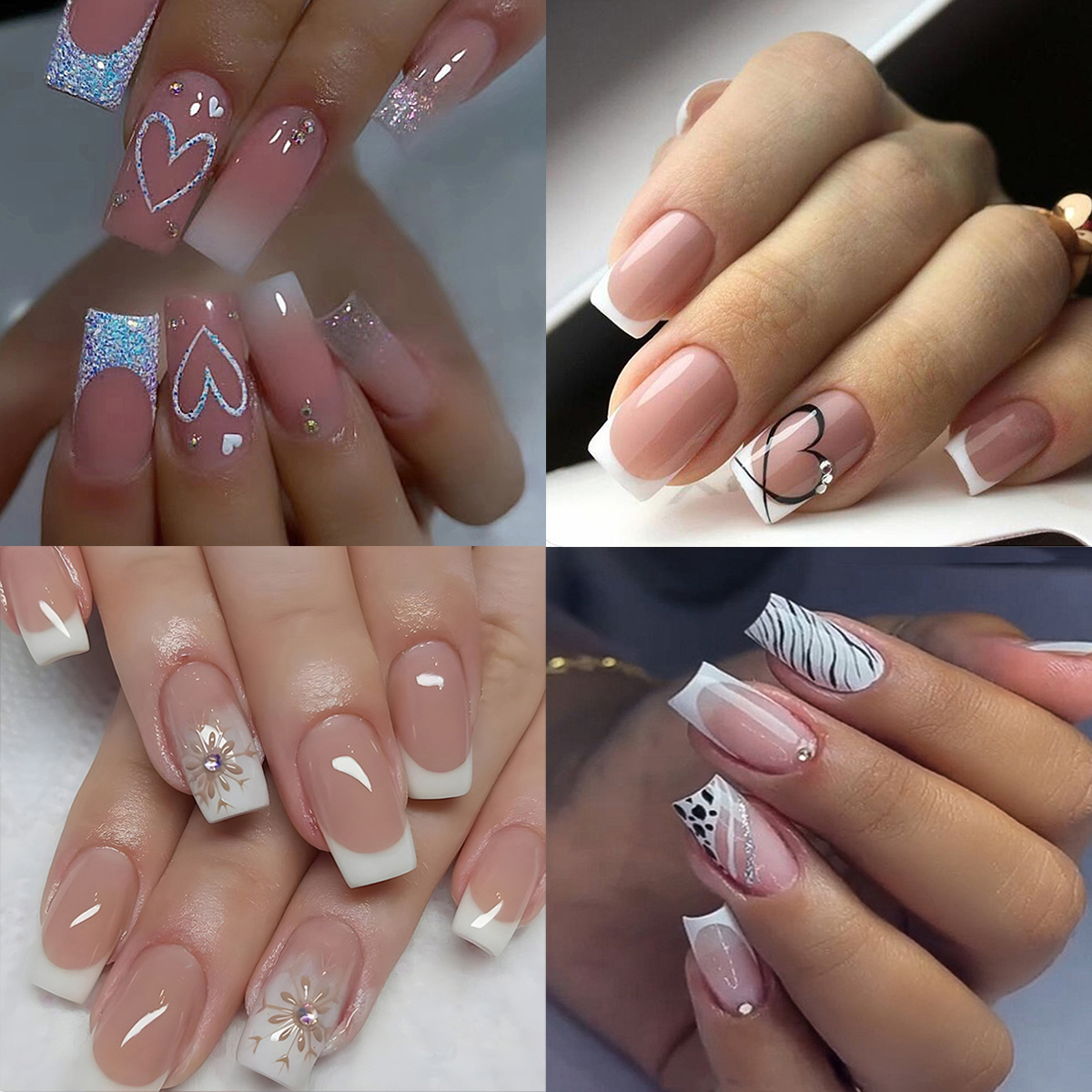 4 ensembles/96 pièces à pression carrée sur les ongles: points dégradés/floral/multicolore. Longueur moyenne brillante avec fichiers et gels. Fête et quotidienne. Détachable: WHITE