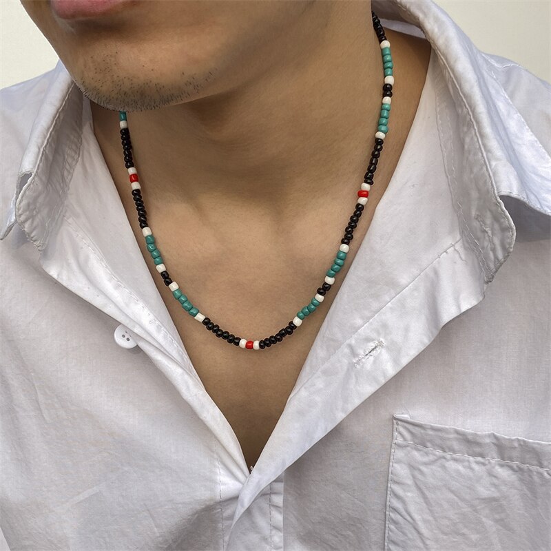 Vier-Kleur Kralen Ketting Mannen Mode Persoonlijkheid Eenvoudige Stiksels Rijst Kralen Ketting Party Accessoires