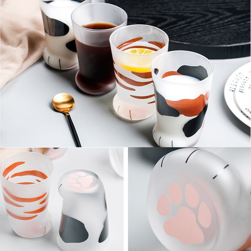 Søt frostet glass kopp katt pote form print kaffe krus print personlighet barn frokost melk kopp tumbler drikkeglass