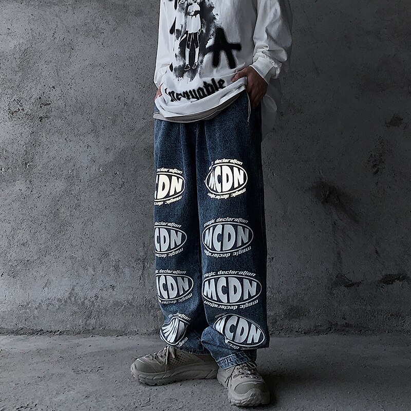 UNCLEDONJM Reflective letter jeans men hiphop high street denim jeans streetwear men graffiti jeans men clothing ED-Y802