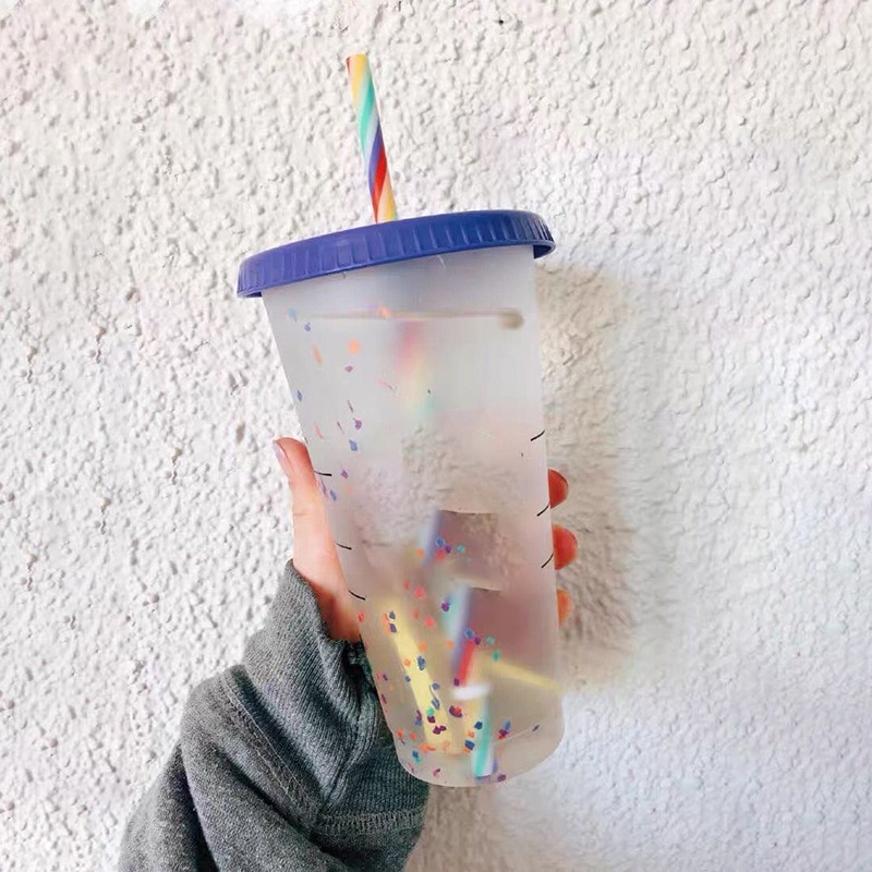 Reusable Plastic Temperature Color Changing Cold Cup Summer Magic Coffee Thermochromic Mug Water Bottles With Straws Party Cups