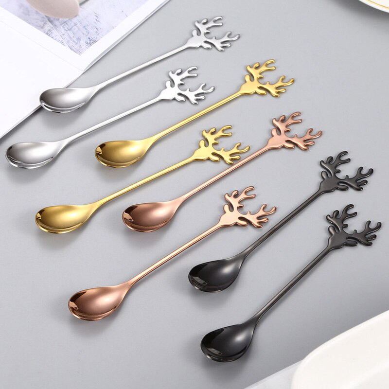 Deer Head Shape 304 Stainless Steel Stirring Spoon Romantic Christmas Elk Coffee Dessert Spoon Exquisite Tableware Party
