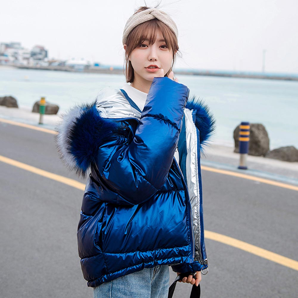 PinkyIsBlack mujer invierno Parkas chaqueta abrigo brillante cálido mujeres Abrigo con capucha de piel corto algodón acolchado chaqueta de invierno Mujer: Azul / XL