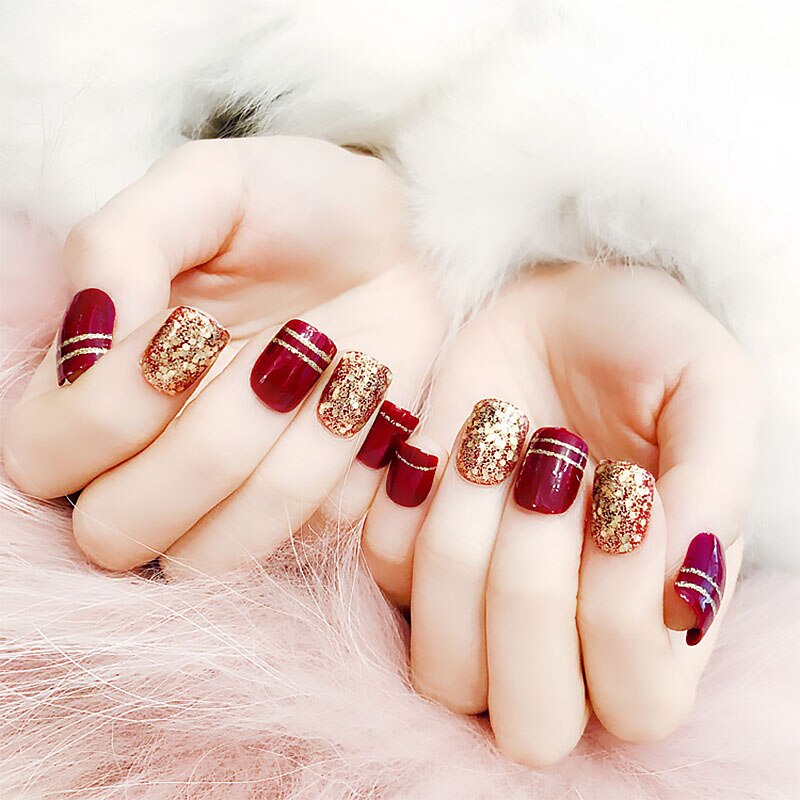 24 pièces magnifiques faux ongles avec colle Champagne vin rouge court brillant doré paillettes faux ongles mariage mariée complet ongles conseils