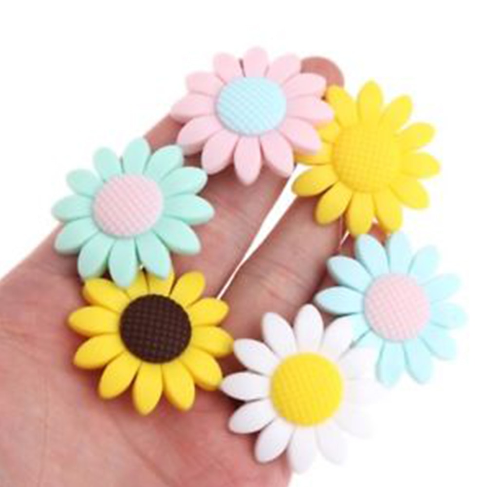 Baby 6 Style Colorful DIY Safety Chewy Silicone Sunflower Beads Pendant Teether Infant Safety Teething Necklace Decoration