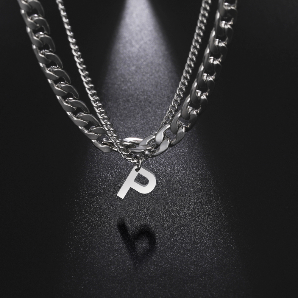 Roestvrij stalen dubbellaagse kettingen voor mannen vrouwen Eenvoudige 26-letter hanger ketting Mode damessieraden voor feestcadeau: Black Gun Plated