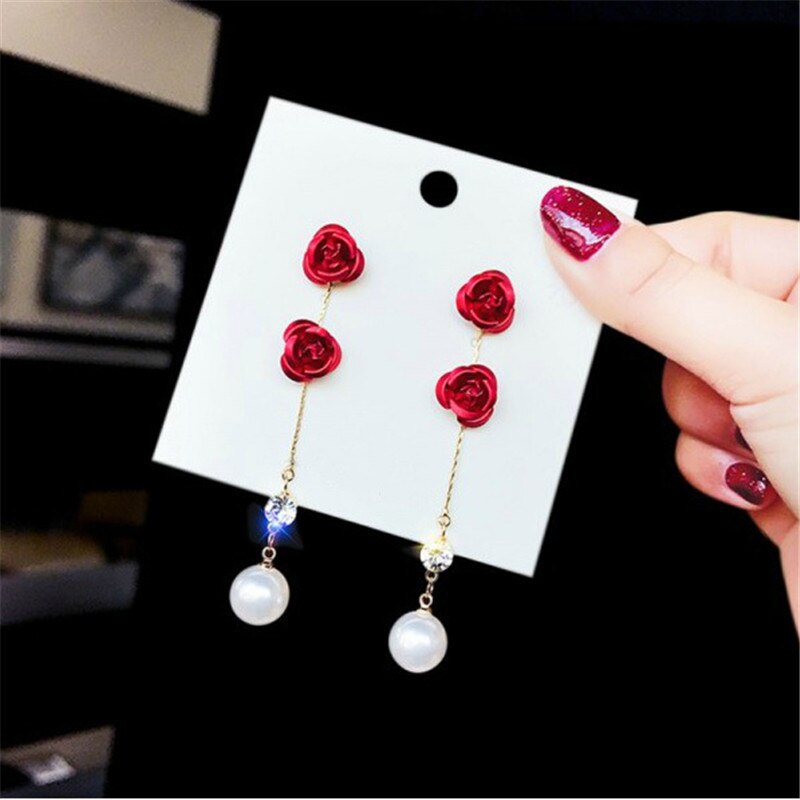 Rode Roos Oorbellen Strass Bloem Oorbellen Herfst En Winter Wilde Lange Tassel Earring Voor Vrouwen Bruiloft Sieraden Accessoires