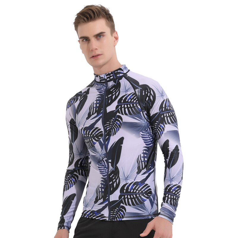 Men's Long Sleeve Zip Front Rash Guard Surf Swim Shirt Sun Protection UPF 40+ High Crew Neck Rashguard Tops UV Suits Print