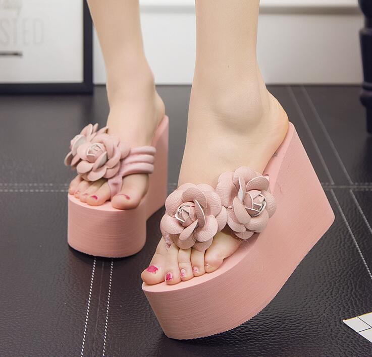 11cm flip flop wedges heels summer sandals slippers woman shoes women girls beach shoe light bottom platform handmade flowers
