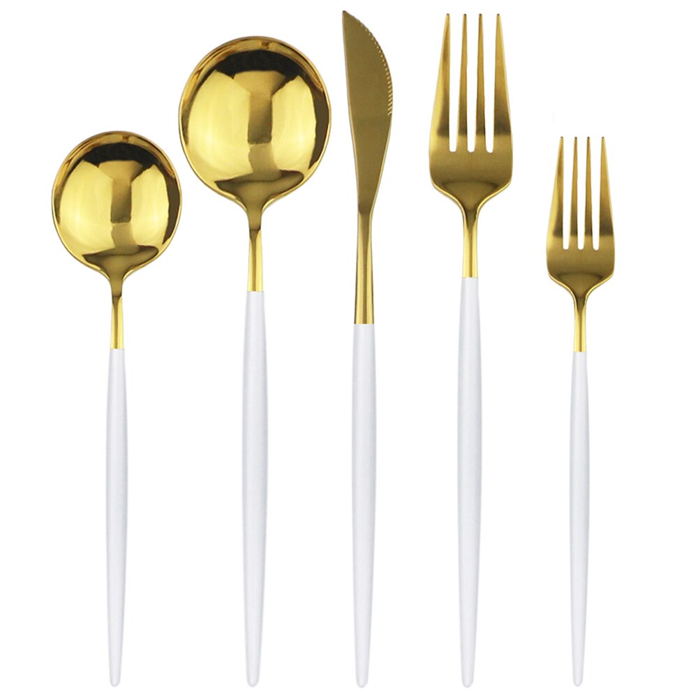 20 st färgglada bestick set guld bestick set dessert gaffel sked 304 rostfritt stål servis set glänsande kök servis set: Vitt guld