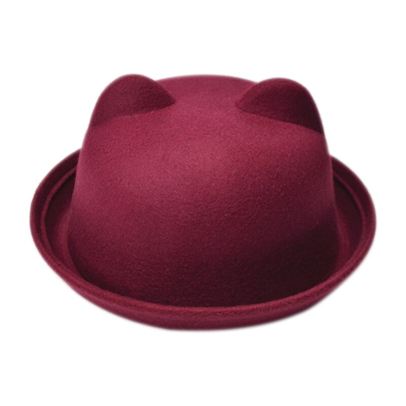 Women Cat Ears Cap Jazz Bowler Felt Fedora Hat Spring Autumn Cylinder Caps Bonnet