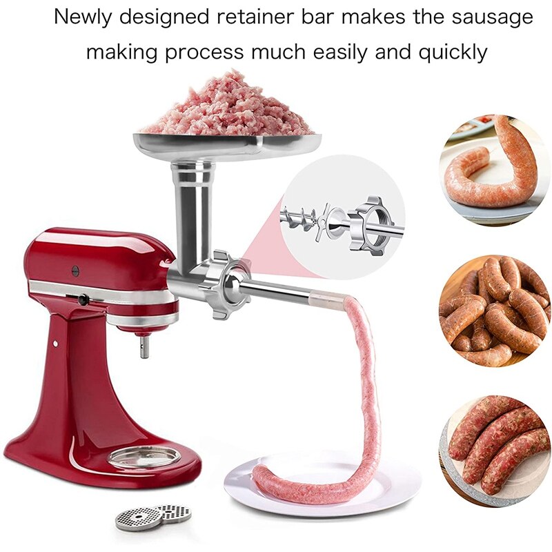 Meat Grinder Attachment For Kitchenaid Stand Mixers Sausage Stuffer Tubes, Durable Metal Food Grinder Attachments