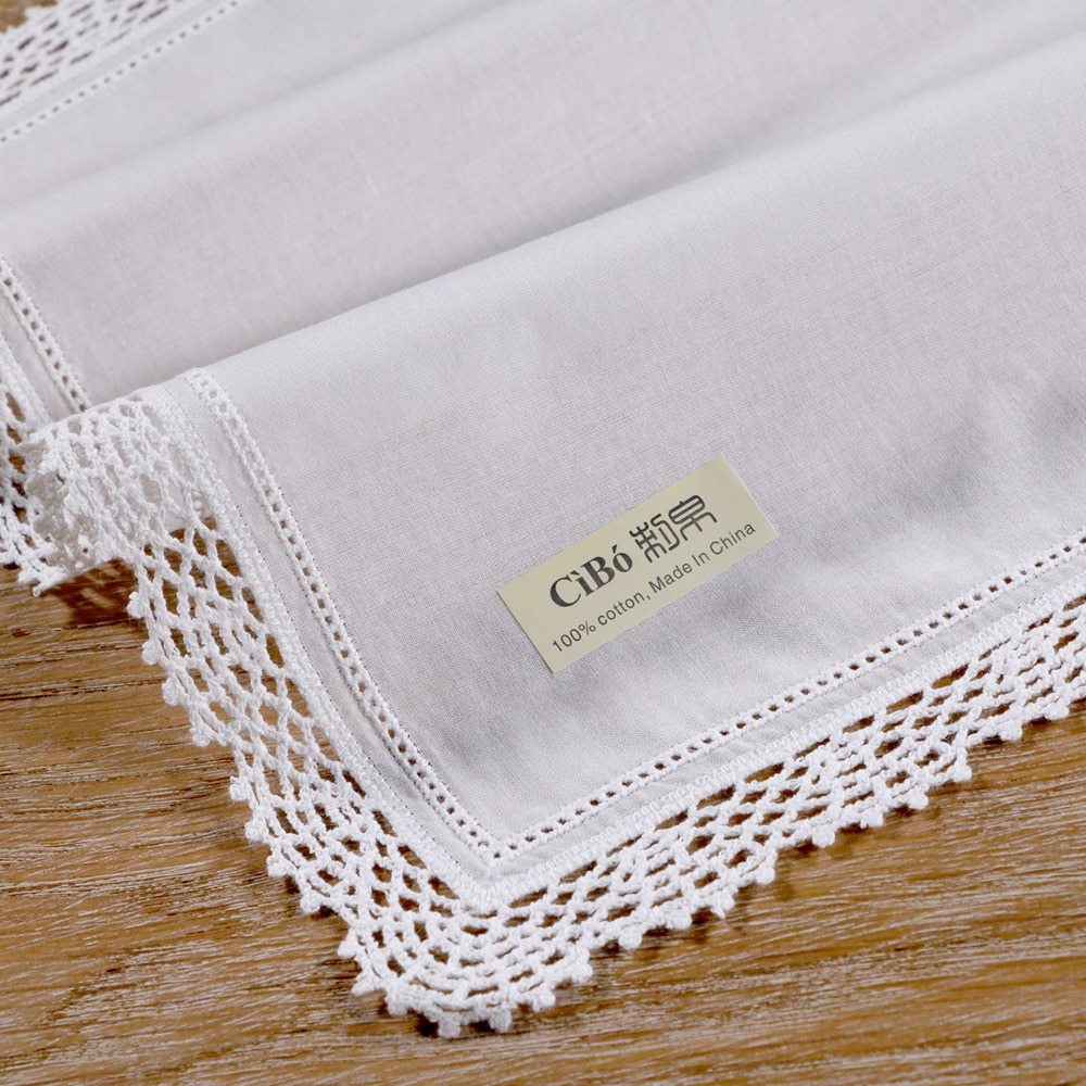 C006:  hvide premium -lommetørklæder i bomuld med hækling hankies til kvinder/damer bryllupslommetørklæde