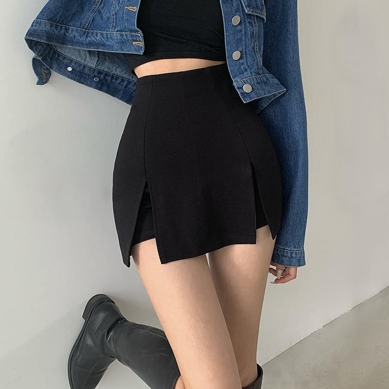 Jupe courte fendue sexy pour femmes, tenue de bureau, imbibée, mini pantalon trapèze noir, taille haute, jambes larges, été