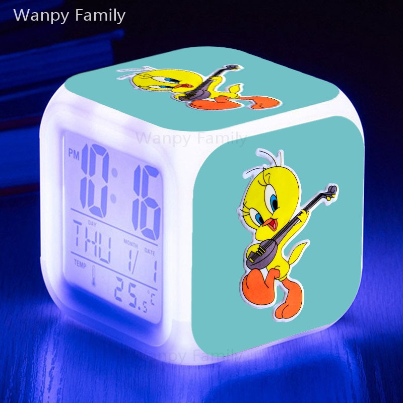 Very Lovely Tweety Alarm Clock 7 Color Glowing LED Multifunctio Digital Alarm Clock Big screen Touch Sensing Flash Watches Clock: White