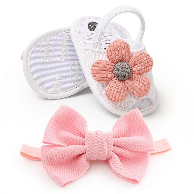 Fish mouth Sandals Baby Girls Shoes Sun Flower Newborn Bow Baby Girl Princess Sandals Cotton Shoes With Hair Band: White / 0-6 Months