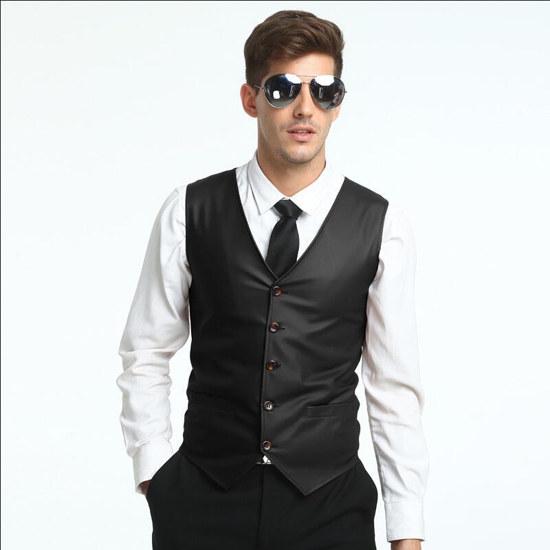 Summer Mens Vest PU Leather V-Neck Collar Vests For Men Slim Fit Single Breasted Chaleco Hombre Plus Size: blace / XL