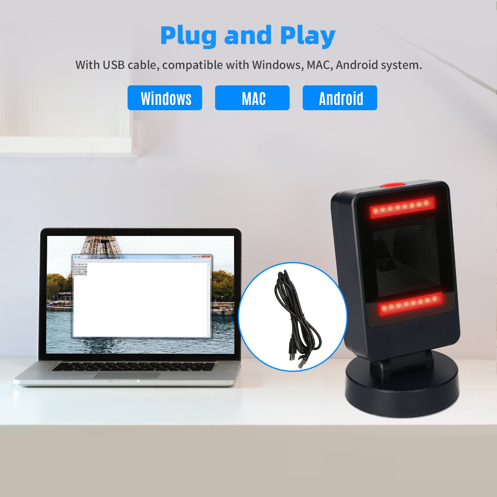 Desktop 1D 2D QR Omnidrectional Barcode Scanner Platform USB Wired Hands-free Automatic Bar Code Reader Adjustable Scanning Head