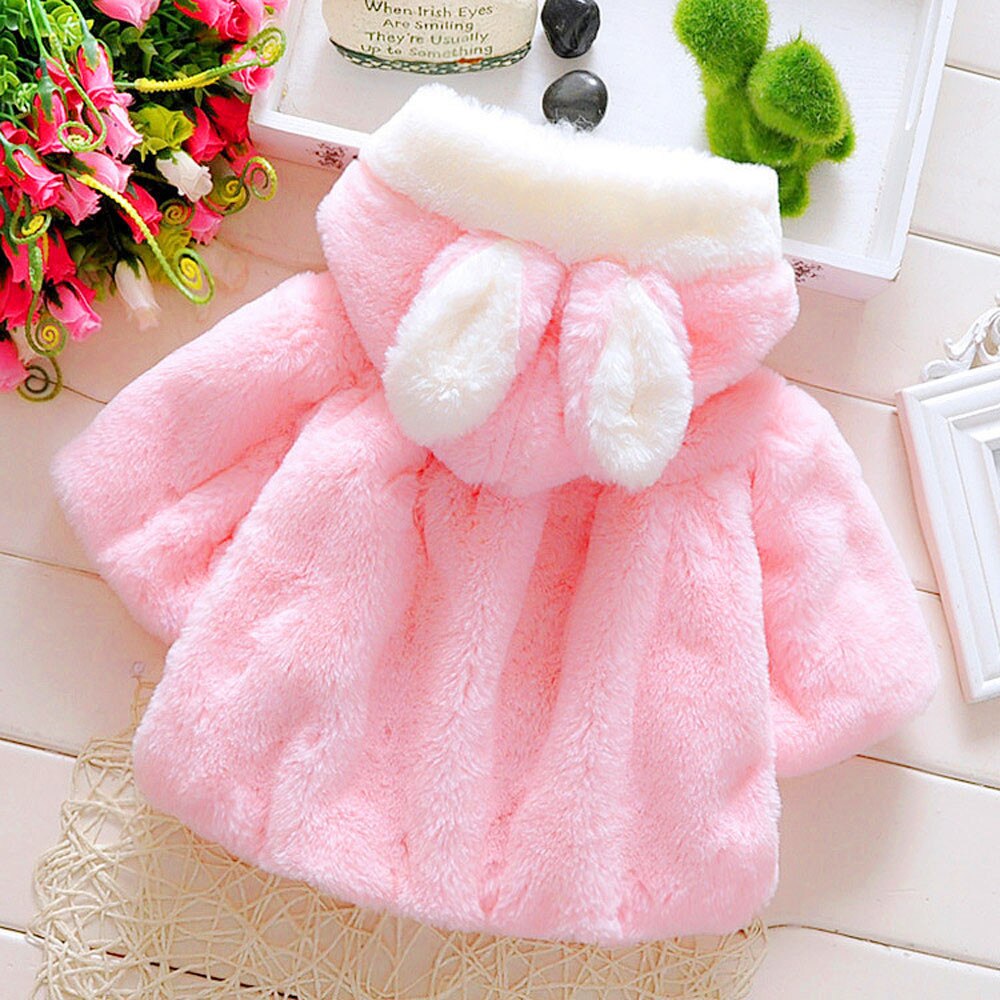 Lovely Faux Fur Coats For Baby Girls Autumn Winter Rabbit Ears Clothing Child Wool Outwear Little Girl Ball Shawl Kids Costume