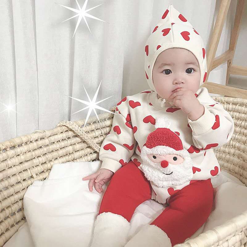 Inverno meninos e meninas regular estilo coreano algodão bebê macacão de natal dos desenhos animados polka dot manga longa chapéu moda