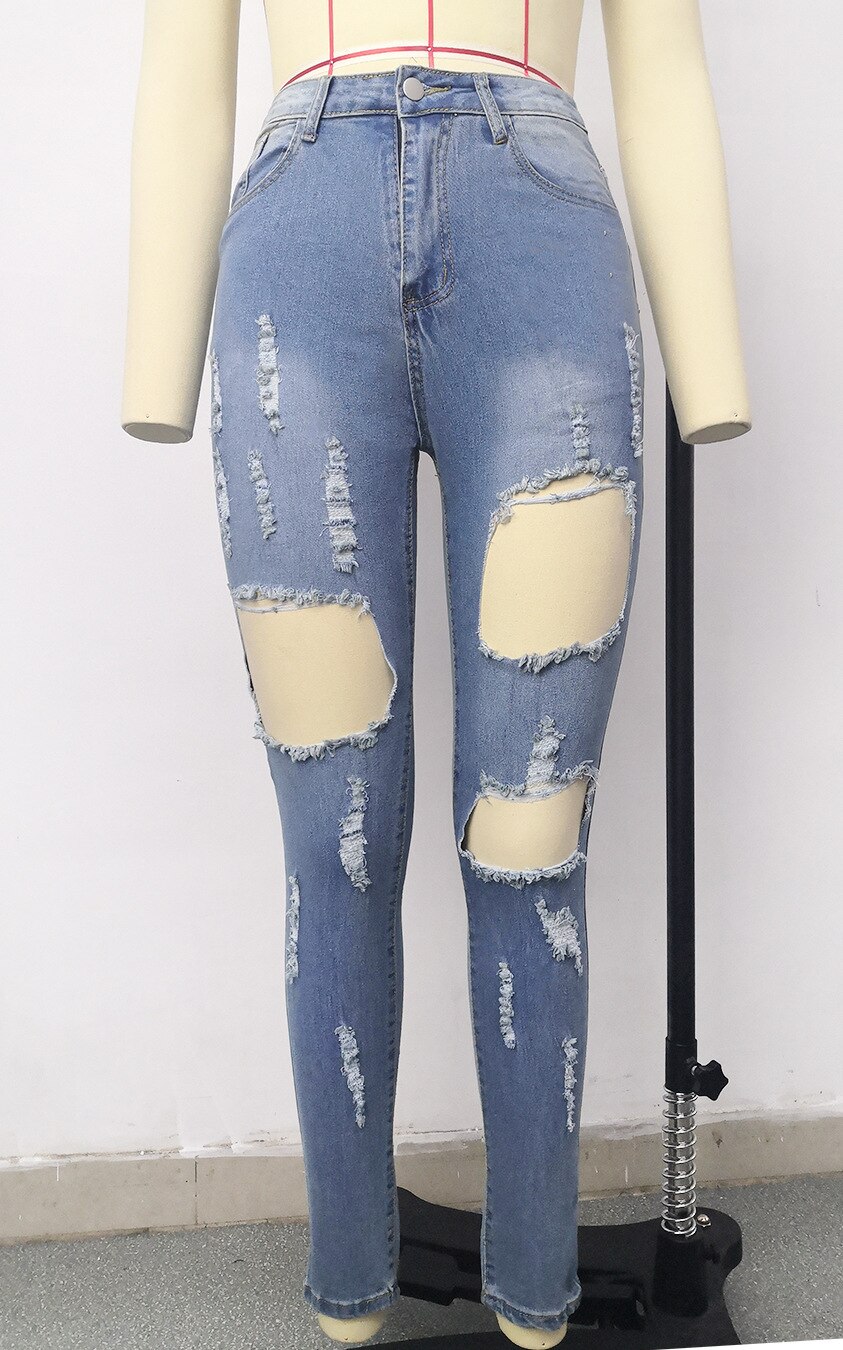 FNOCE femmes déchiré jean pantalon sexy trens taille haute mince serré stretch trou complet denim crayon pantalon