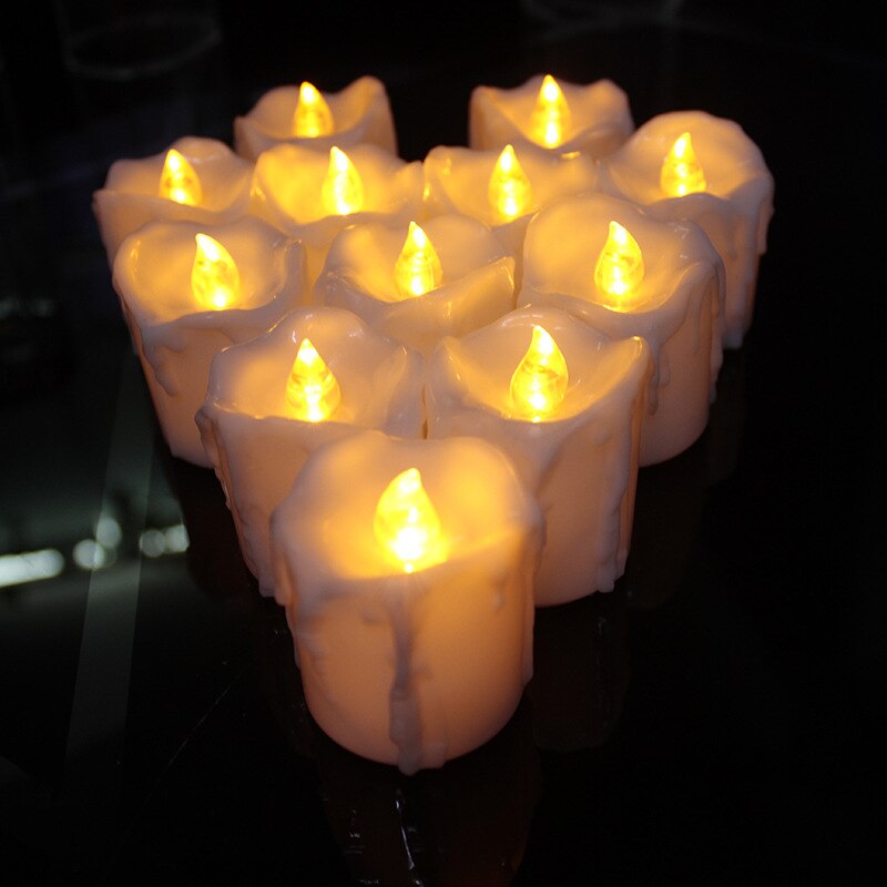 Set of 12 Calming Votive Candles Yellow Flicker LED Tealight Candles With Timer Flashing Smoke-free For Romance Indoors