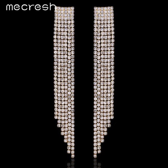 Mecresh Kristall Frauen Tropfen Ohrring Silber Farbe Braut Lange Quaste Ohrring Ohne durchbohren Clip Auf Hochzeit Party Ohrringe äh424: Gold