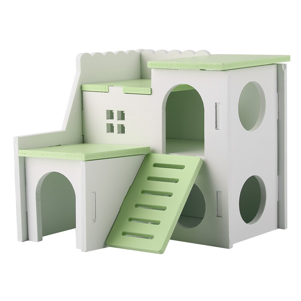 Lille kæledyr hamster legehus træmonteret villa kæledyrsbed bur hus pindsvin slot klatre legetøj (dobbelt lag værelse): Grøn