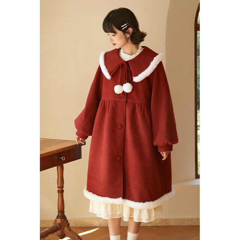 Winter Kawaii Wool Coat Women Patchwork Japanese Fur Sweet Warm Overcoat Female Korean Style Loose Trench Long Outwear Coat