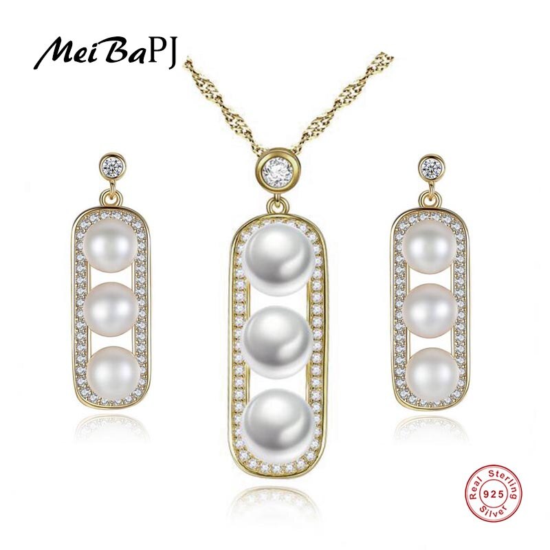 MeiBaPJ 925 Sterling Silver Jewelry Set For Women Freshwater Pearl Necklace Earrings 2 Piece Suit Fine Party Jewelry: White set