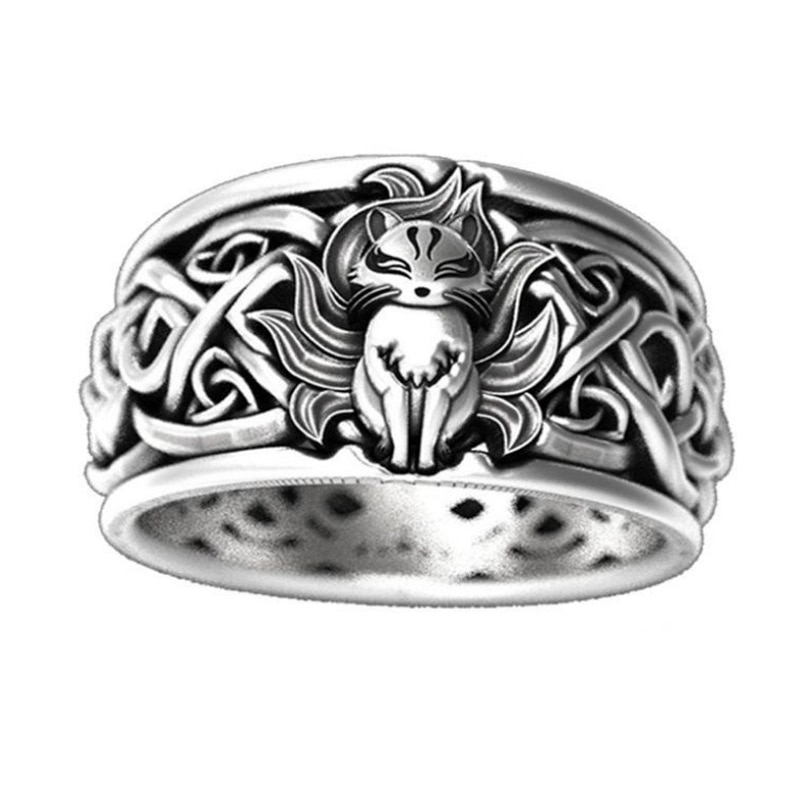 Negen Staarten Vos Oude Mythologie Stijl Ring Oud Zilver Kleur Vintage Ring Mannelijke Verjaardagscadeaus Sieraden Bijoux