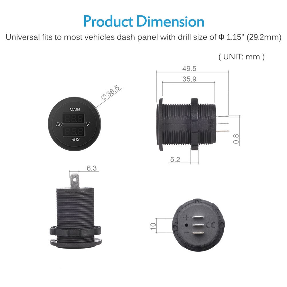 Voltímetro LED Digital principal AUX de 12V y 24V, pantalla Dual, indicador de voltaje, Panel de Monitor de batería para coche, barco y motocicleta