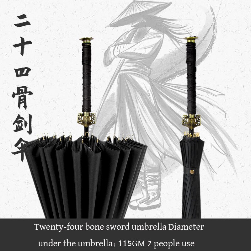 Creatieve Lange Handvat Grote Winddicht Samurai Zwaard Paraplu 24 Bone Zwaardvechter Zon Regen Paraplu Verfijnde Metalen Cap: 24K black