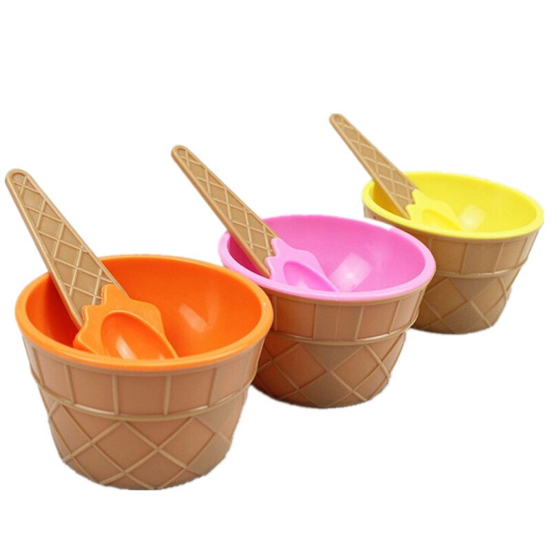 Cuencos de plástico para helado para niños, juego de cucharas, taza para helado duradera para niños, para parejas, cuenco de postre encantador