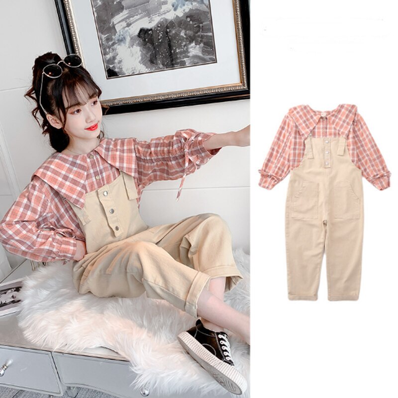 Spring Long Sleeve Korean Girls Clothing Set Kids Single-breasted Plaid Blouse Overalls Two-piece Sets Teen Child Clothes