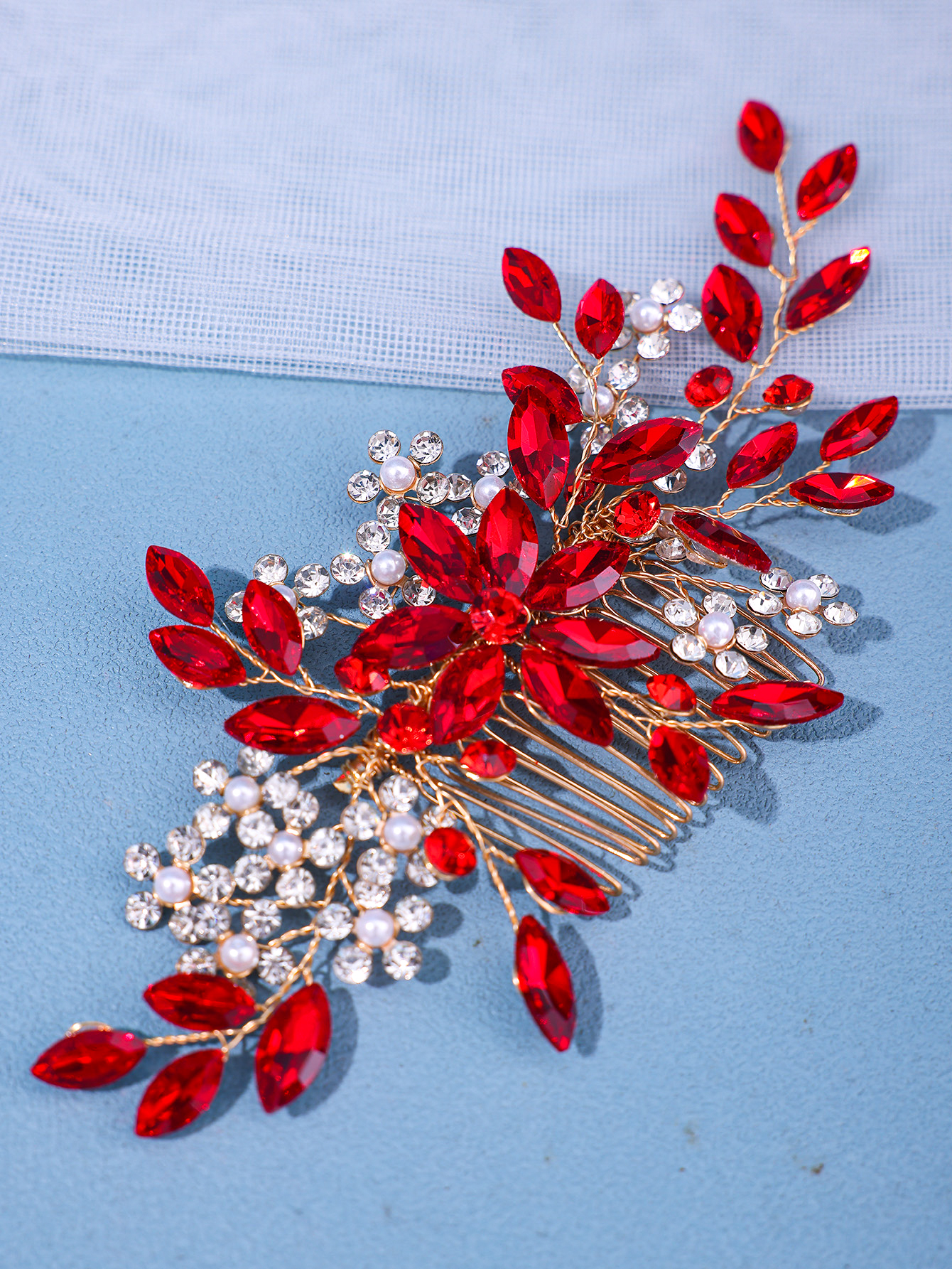 Peinetas para el pelo de novia con flores de cristal y perlas, joyería para el cabello con diamantes de imitación, accesorios de boda, Tiara nupcial, diadema, tocado de perlas para graduación: Rojo
