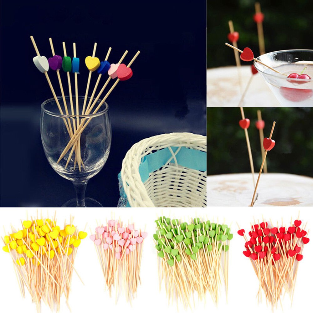 100 pièces 12cm jetable bambou coeur brochette fruits Dessert gâteau signe Cocktail choisir mignon nourriture bâton Buffet décoration de gâteaux fête