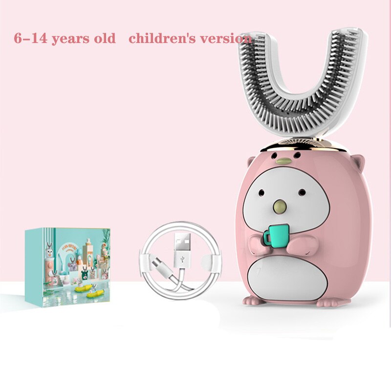 U Shape Smart 360 Angle Cartoon Teeth Cleaner Electric Toothbrush for Kids 2-6Y Teether Automatic Ultrasonic Teether Waterproof: pink 6-14 years old