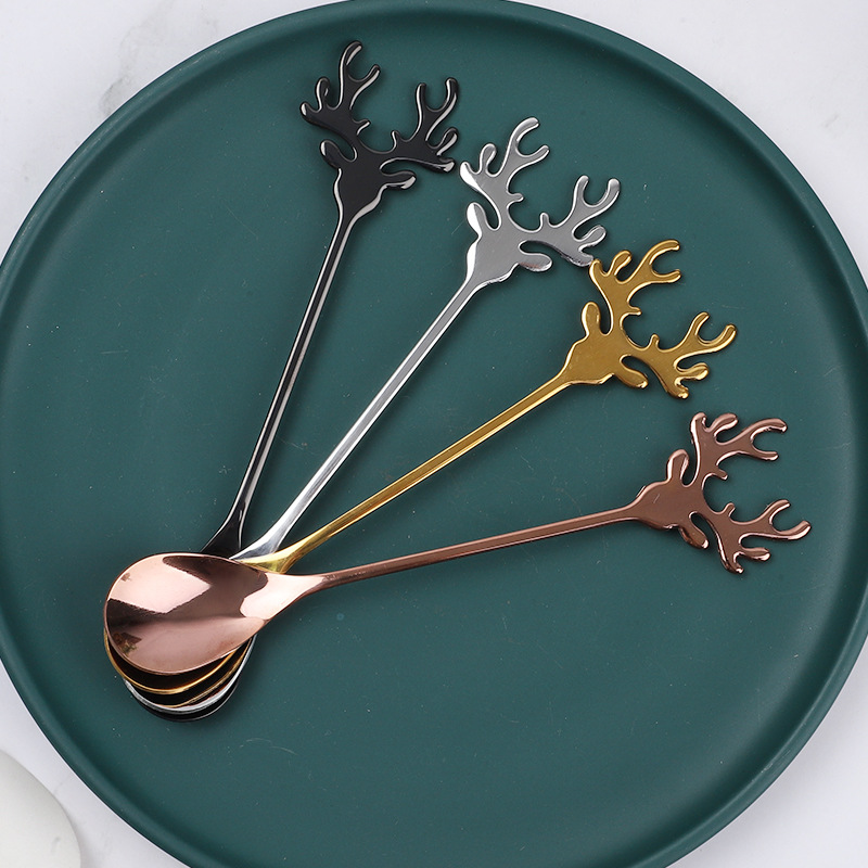 Deer Head Shape 304 Stainless Steel Stirring Spoon Romantic Christmas Elk Coffee Dessert Spoon Exquisite Tableware Party