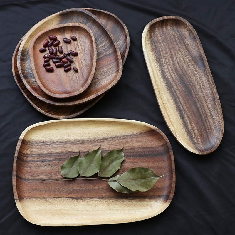 Accesorios de cocina, juego de vajilla, plato ovalado Irregular de madera maciza, platos de frutas, platos de cena, postres, utensilios de cocina