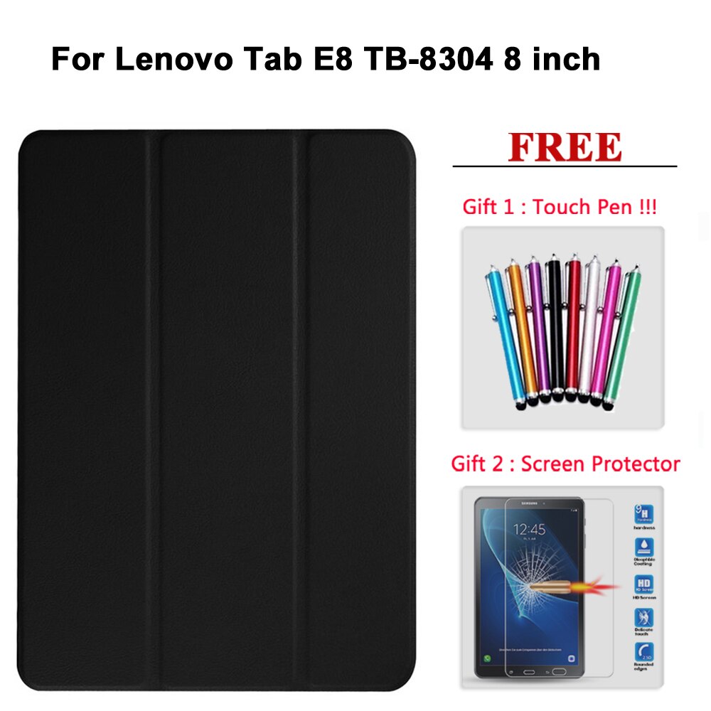 Free Screen Protector Glass +Case For Lenovo Tab E7 / E8 / E10 / M10 PU Leather Smart Magnetic Cover TB/X104F/7104F/8304F/X605F: Tab E8 hei