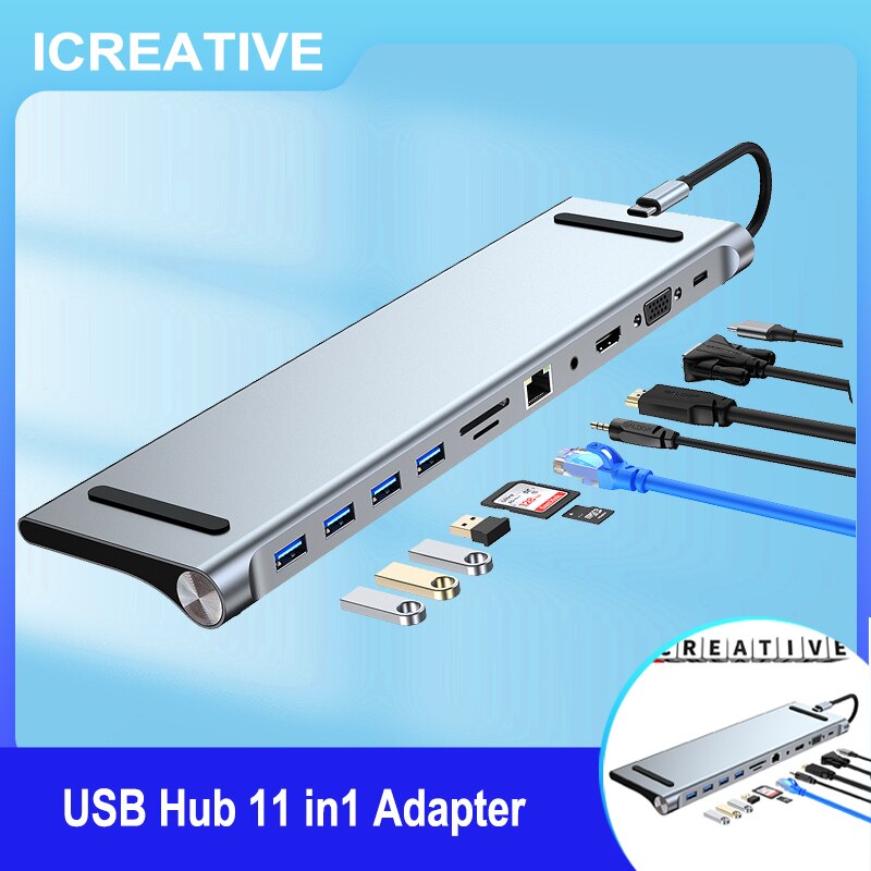 ICREATIVE Type C Docking Station USB Hub 11 in1 Adapter MST Dual Display HDMI VGA PD For Apple Asus HP Samsung MacBook Laptop