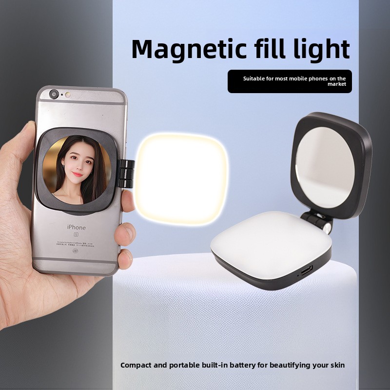 Magnetisch selfielampje voor je telefoon, invullicht voor je mobiele telefoon met spiegel, zaklampje, opvouwbaar led-invullicht voor je telefoon, ideaal voor make-upfotografie
