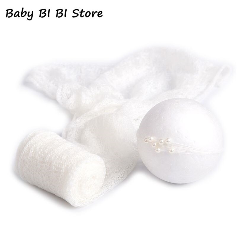 2 stk / sæt baby fotografering rekvisitter tæppe indpakning stræk strik wrap foto nyfødt klud tilbehør hovedbeklædning: Hvid
