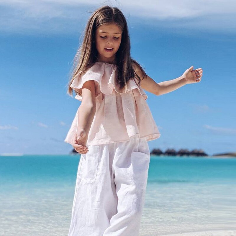 Pantaloni da ragazza in cotone e lino primavera ed estate sottile spiaggia ragazza Casual tasche dritte pantaloni di lino per le vacanze TZ041